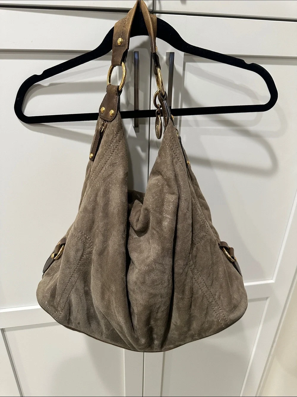 Tod’s Soft Metallic Taupe Hobo Bag with Gold Hardware. Lots of pockets,
